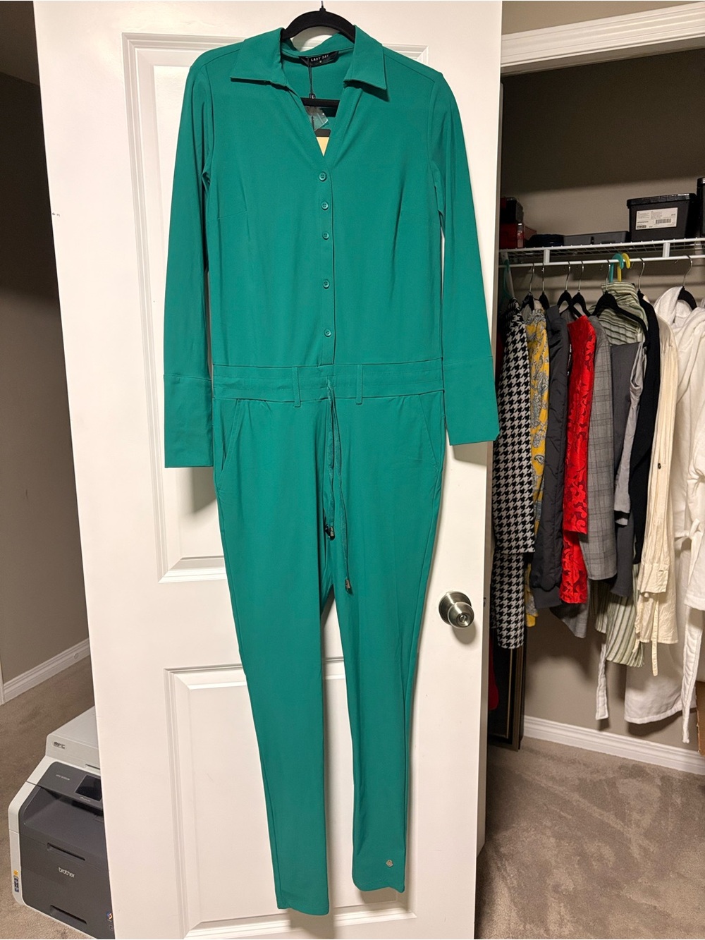 Teal Long-Sleeve Button-Front Jumpsuit with Drawstring Waist